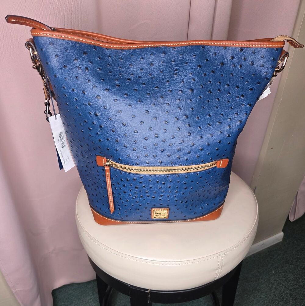 Dooney & Bourke Ostrich-Embossed Leather Hobo Bag – Steel Blue / Marine